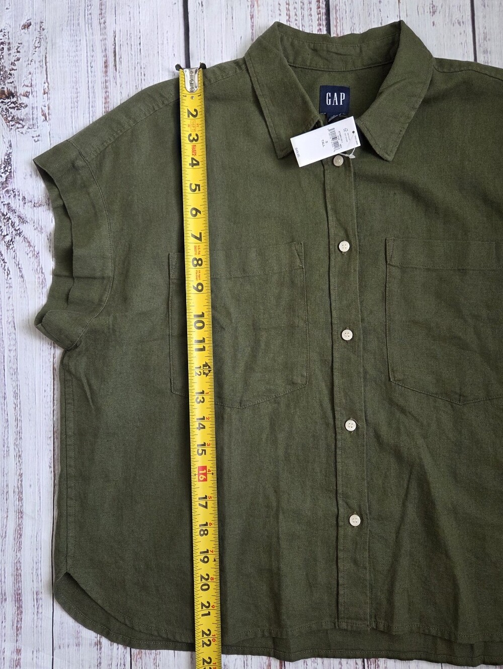 GAP Olive Green Linen Blend Cropped Button Down Shirt Small Tall NEW NWT 875993 - Picture 4 of 9